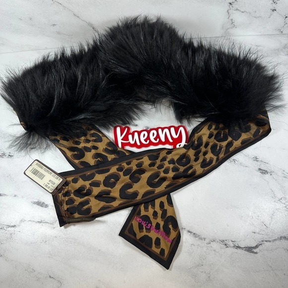 LOUIS VUITTON Fur Scarf Leopard Silk Black Fox Stole Bandeau vintage LV w/tag - Picture 2 of 11